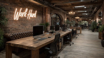 Stylish startup workspace with exposed brick wall, neon “Work Hard” sign, creative vibe