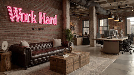 Stylish startup workspace with exposed brick wall, neon “Work Hard” sign, creative vibe