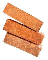 Side view of three cracked old red or orange bricks in stack isolated with clipping path in png file format