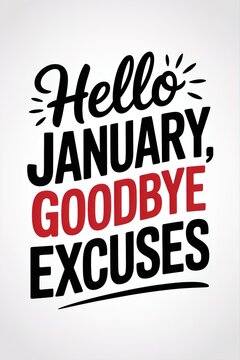 Bold typographic design with "Hello January, Goodbye Excuses" in