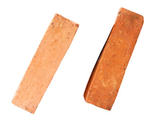 Side view of two cracked old red or orange bricks in set isolated on white background with clipping path