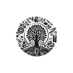 Artistic black and white tree illustration with elements