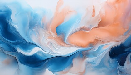 This Fluid Abstract Acrylic Painting With Its Soft Interplay Of Blues And Peach Against A White Background Offers A Dynamic Canvas For Creative Design Projects