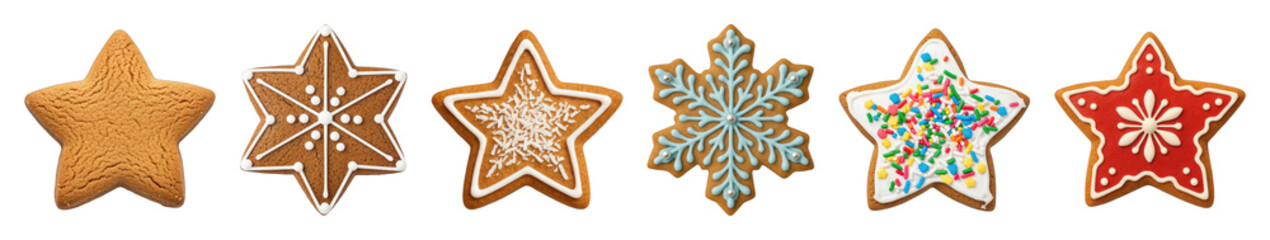 Gingerbread cookie set including star shapes, a snowflake, and various icing decorations isolated. Holiday treats and festive sweets collection.