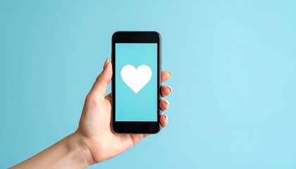 Handheld smartphone displaying a white heart icon against a light-blue backdrop