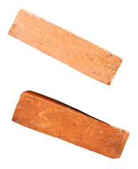 Side view of two cracked old red or orange bricks in set isolated on white background with clipping path