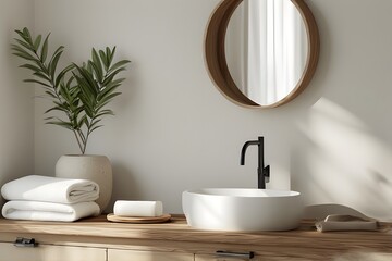 Fototapeta premium Serene modern bathroom vanity with clean white sink, stylish faucet, and folded towels bathed in soft light