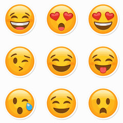 Fototapeta premium A set of emoji-inspired stickers in vector format with solid colors and white background, featuring expressive and fun facial expressions