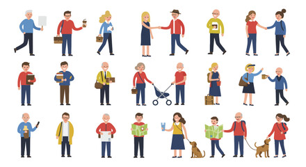 A collection of diverse cartoon people illustrations, depicting various ages, activities, and interactions in a flat design style.