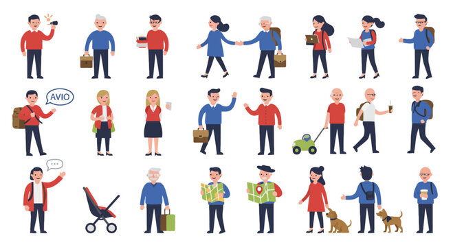 A diverse collection of flat design cartoon characters engaged in various everyday activities like traveling, walking, and socializing.