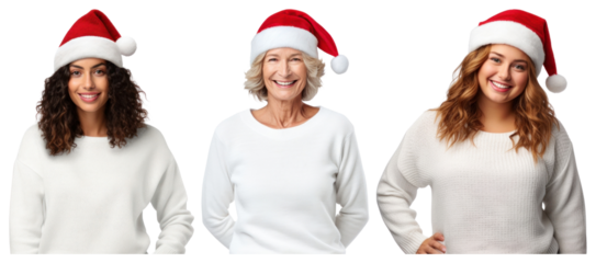 PNG Festive women wearing Santa hats, element set on transparent background