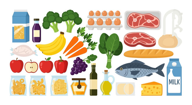 Various grocery items displayed on a white background, including pasta, fruits, vegetables, meat, eggs, and dairy products.