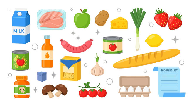 A collection of common grocery items including dairy, produce, meat, and pantry staples arranged with a shopping list.