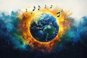 A vibrant watercolor painting of the Earth glowing with a fiery aura, surrounded by floating musical notes against a cosmic, starry background, expressing harmony and creativity