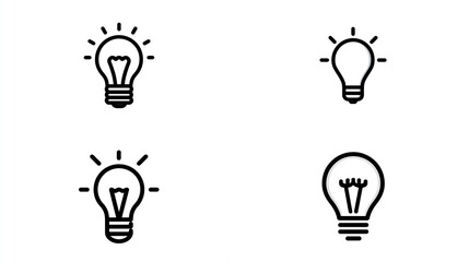 Four light bulb icons, illuminating ideas, innovation, energy. Light and darkness concept