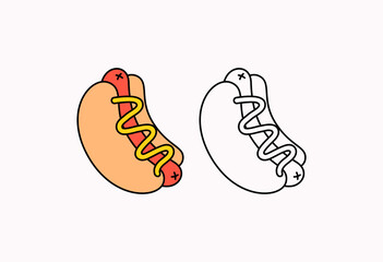 Hot dog with mustard, shown in two versions: a full-color design and a black-and-white outline for coloring cartoon illustration icon for food related designs, kids coloring pages