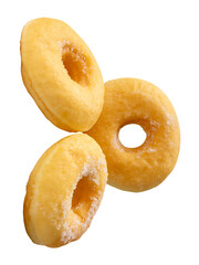 Side view of three brown sugar glazed cinnamon donuts in stack isolated on white background with clipping path