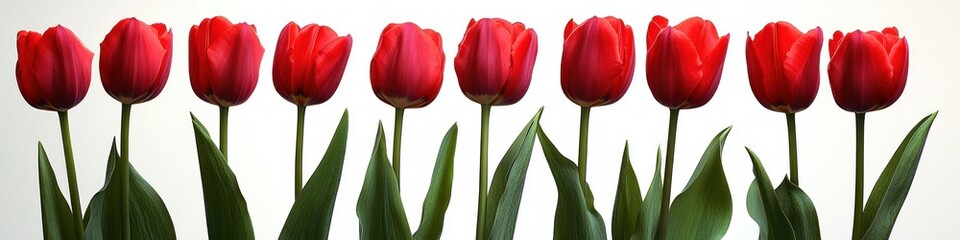 Naklejka premium Row of vibrant red tulip flowers with fresh green leaves against a bright white background creating a fresh and lively atmosphere