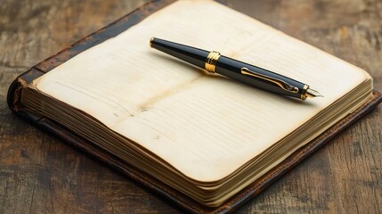 Open vintage notebook with lined pages resting on a wooden surface with a black and gold fountain pen placed on top