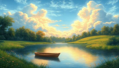 Calm river scene with a wooden boat floating on reflective water surrounded by lush green trees and grassy banks under a bright blue sky with fluffy clouds
