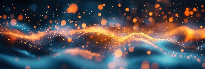 Glowing orange and blue particles creating wave-like abstract patterns with a sense of depth and motion against a dark background