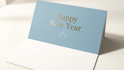 New Year's Card: A charming, light blue greeting card, elegantly inscribed with a warm wish for a Happy New Year, embodies the spirit of new beginnings and joyful celebration. - Powered by Adobe