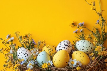 A vibrant nest with speckled yellow, green, and white eggs surrounded by yellow, white, and purple wildflowers against a bright yellow background evoking springtime joy