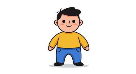 Cartoon illustration of a smiling boy wearing a blue sweater and dark pants.