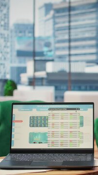 Vertical Video Empty urban enterprise high end office designed for a person with authority, analytics and profit trends running on screen. Modern global corporation workspace, business success.