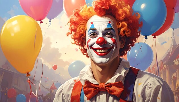 Jolly clown amidst a festive balloon display