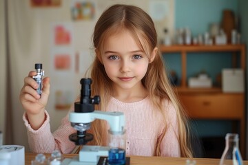 Young girl in a pink sweater using a microscope and holding a small vial in a cozy room, engaged and curious expression