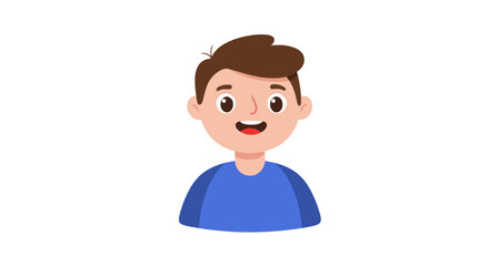 A cheerful cartoon boy with brown hair and a blue shirt smiling happily against a white background.