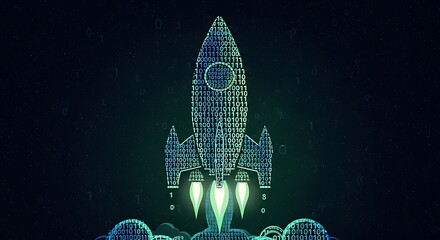 Digital Rocket Launching into Futuristic Space.