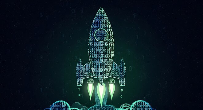 Digital Rocket Launching into Futuristic Space.
