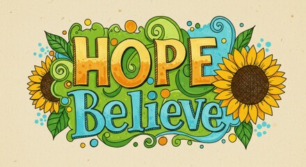 Hope and Believe Illustrated: A visually appealing digital artwork expressing the concepts of hope and belief, with floral and organic motifs and cheerful colors.