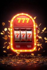 A vibrant slot machine with glowing lights and coins spilling around it, symbolizing luck