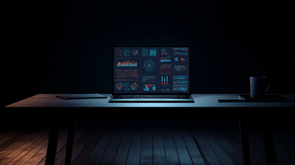 Dark office desk with glowing laptop, futuristic data visualizations on screen