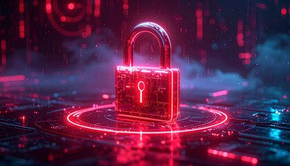 Digital lock symbol represented in bright red hues against a futuristic background with neon lights and glowing patterns
