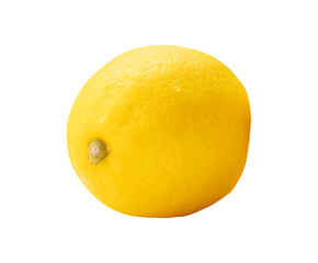 Side view of single fresh ripe yellow lemon fruit with water droplets is isolated with clipping path in png file format.