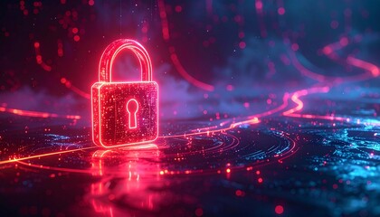Digital lock symbol represented in bright red hues against a futuristic background with neon lights and glowing patterns