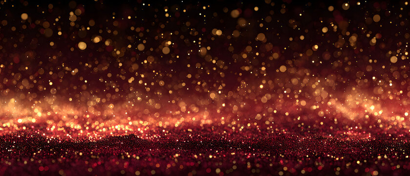 Red Christmas abstract background. Glowing background with golden dust, sparkles, shimmer, particles. New year mockup for celebrating. Generative ai