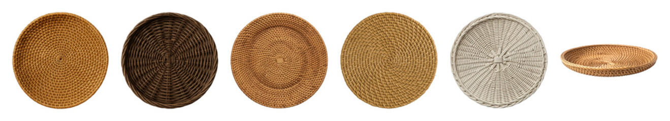 Woven rattan basket and tray set including natural brown, dark, and off-white styles isolated. Home decor and handicraft collection.