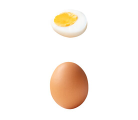 Top view set of raw brown chicken egg and cooked or boiled chicken egg with egg yolk in half isolated with clipping path in png file format