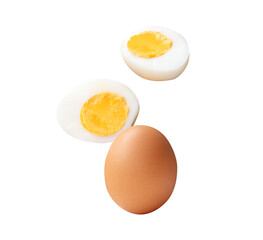 Top view set of raw brown chicken egg and cooked or boiled chicken egg with egg yolk in two halves isolated on white background with clipping path