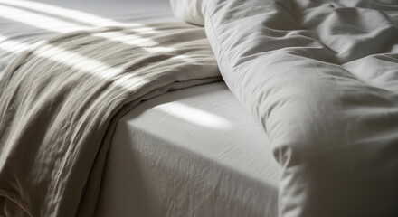 Naklejka premium Sunlight on an unmade bed with soft linens in the morning