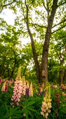 Lush forest floor with colorful lupines