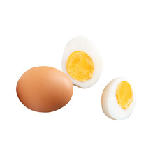 Top view set of raw brown chicken egg and cooked or boiled chicken egg with egg yolk in two halves isolated with clipping path in png file format