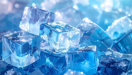Obraz premium Close-up of translucent ice cubes, reflecting light, creating a cool, refreshing visual.