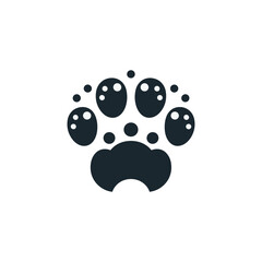 Black paw print silhouette with playful dots surrounding