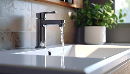Modern Faucet with Running Water in a Stylish Bathroom
